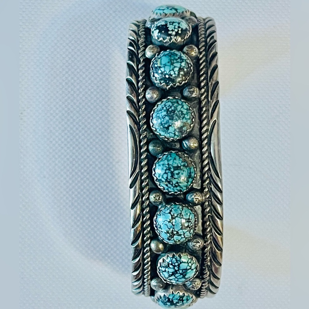 Vtg 34g 6.5” Native American Sterling Spiderweb Turquoise Cuff Bracelet Navajo